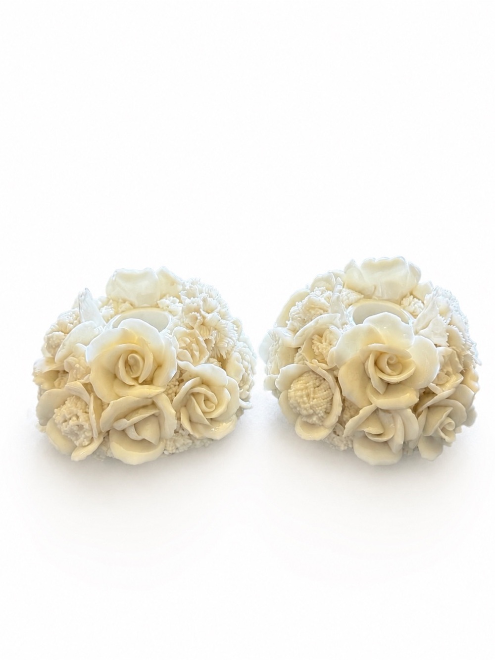 Vintage Ivory Porcelain Floral Candle Holders Set